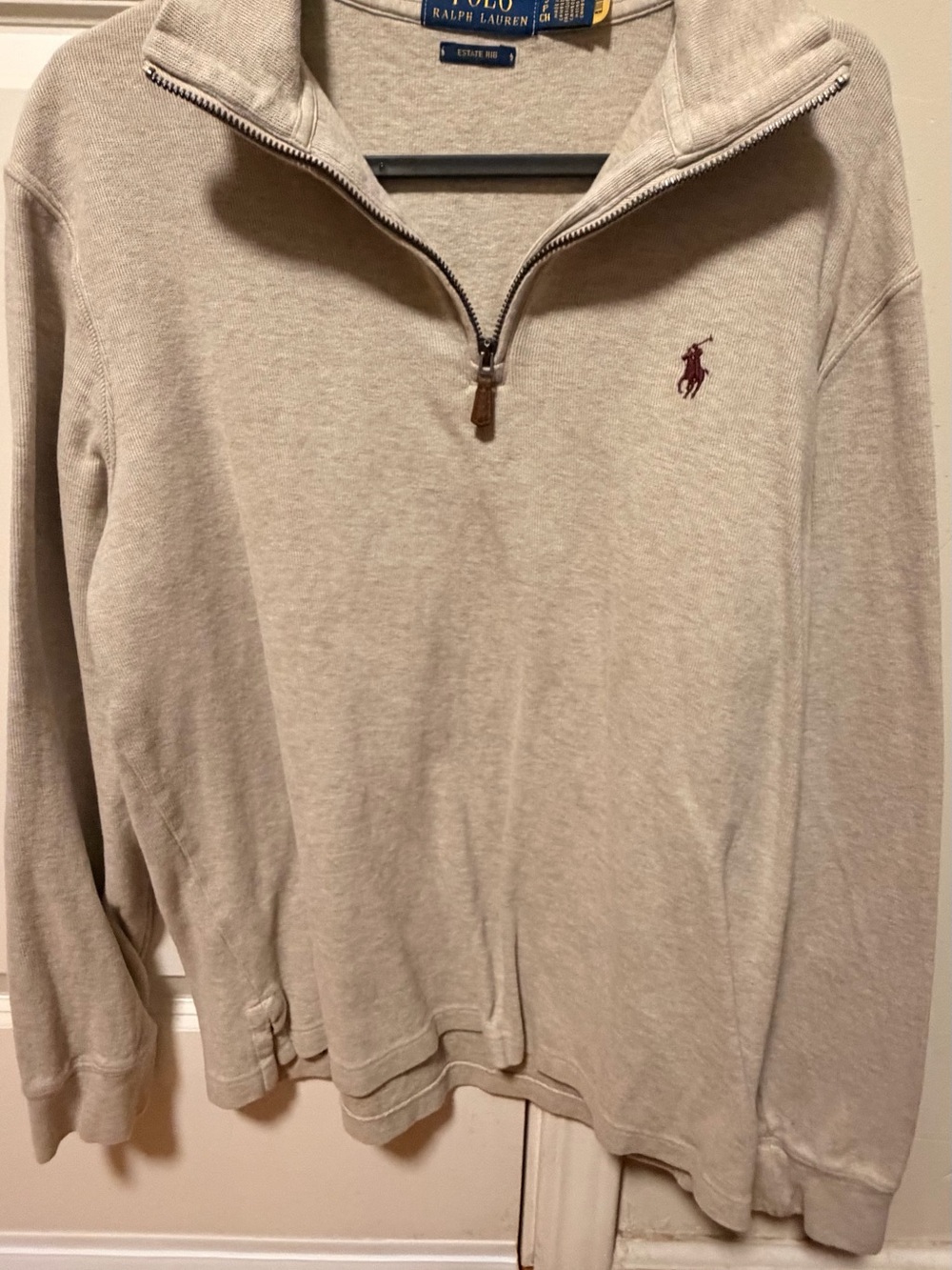 Ralph Lauren Men's Light Beige Half-Zip Sweater with Maroon Pony